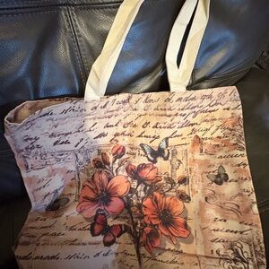 Floral Script Canvas Tote Bag in Beige and Orange